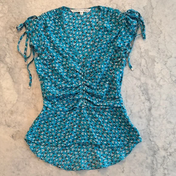 Veronica Beard Turquoise Blue Floral short sleeve Sz 2 XS S Silk Blouse EUC - Picture 2 of 8